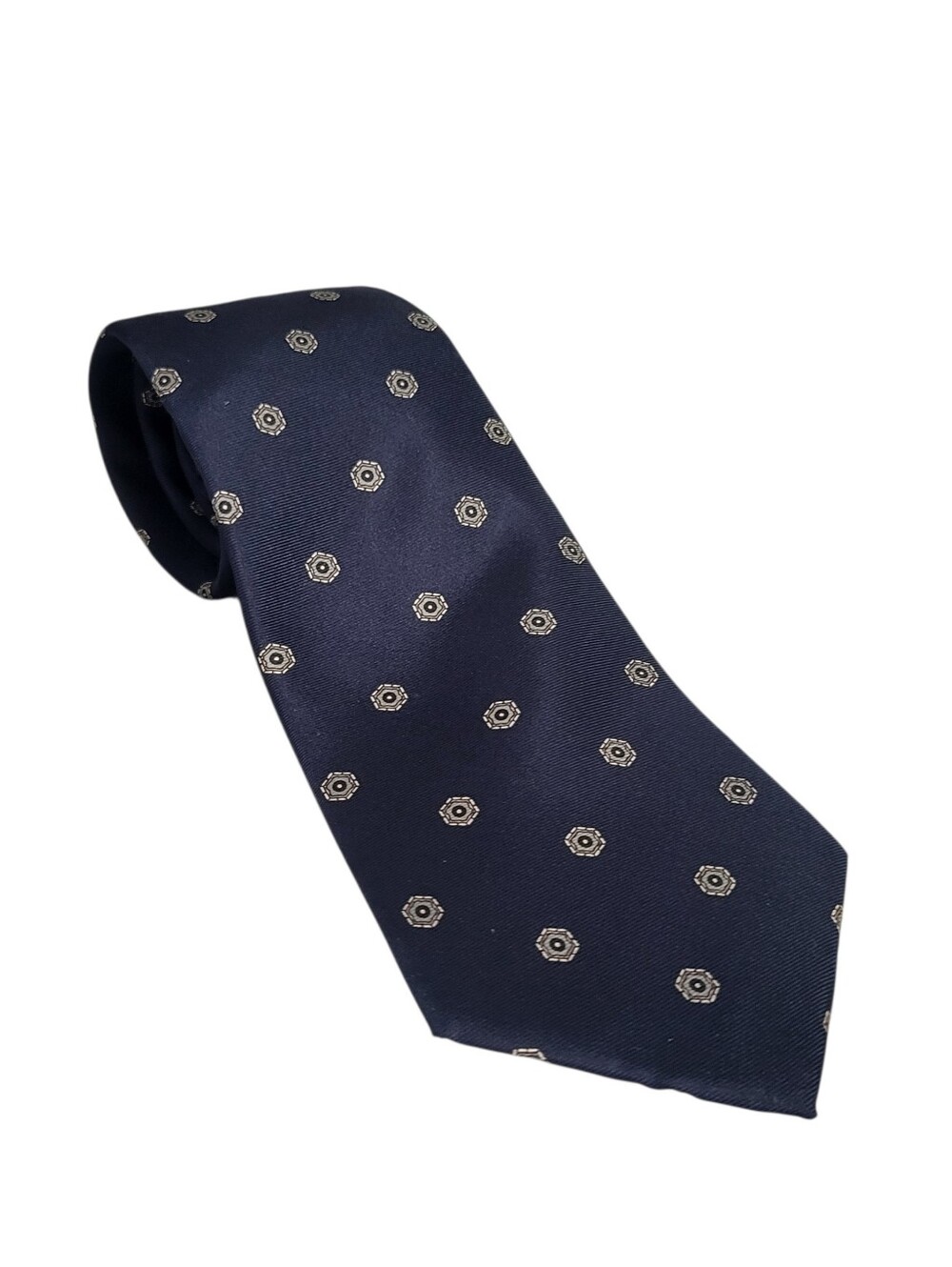 Vtg Christian Dior Italian Silk Tie Navy Blue Geometric Medallions USA Made 56"